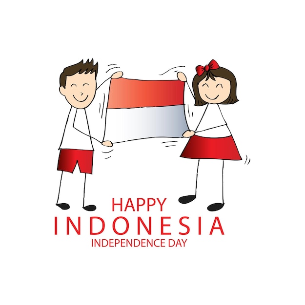 Dibujo a mano niño y niña sosteniendo la bandera día de la independencia de indonesia