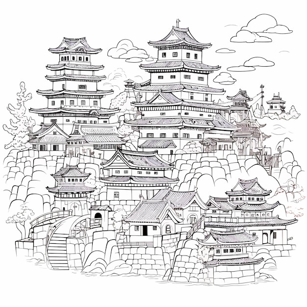 Vector el dibujo a mano de la pagoda japonesa