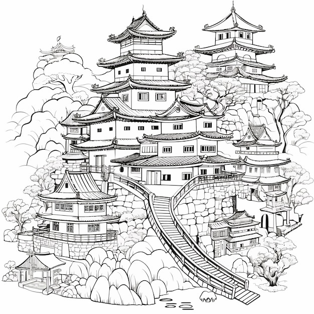 Vector el dibujo a mano de la pagoda japonesa