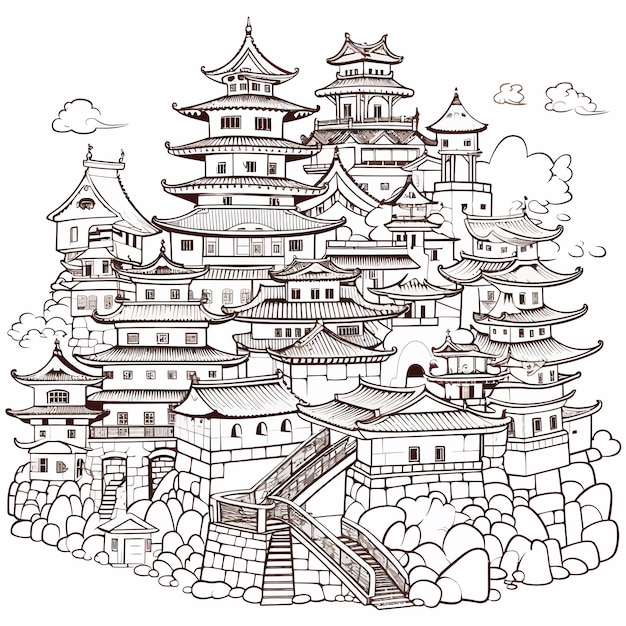 El dibujo a mano de la pagoda japonesa