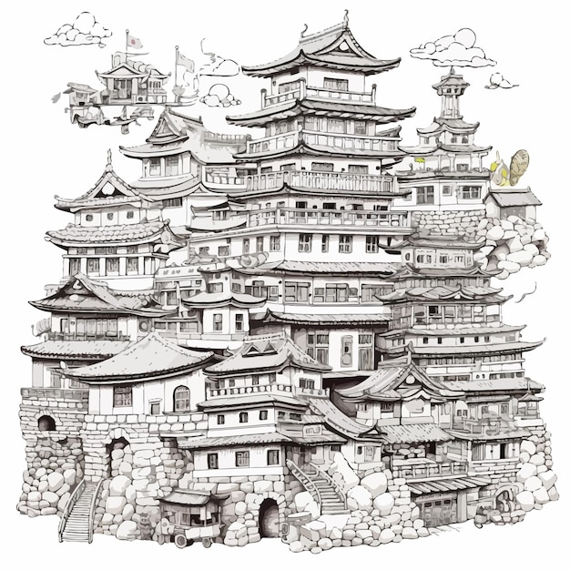 El dibujo a mano de la pagoda japonesa