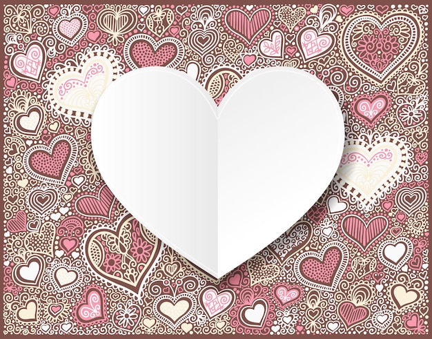 Dibujo a mano de papel rojo del día de San Valentín en la ilustración de vector de fondo de forma de corazón