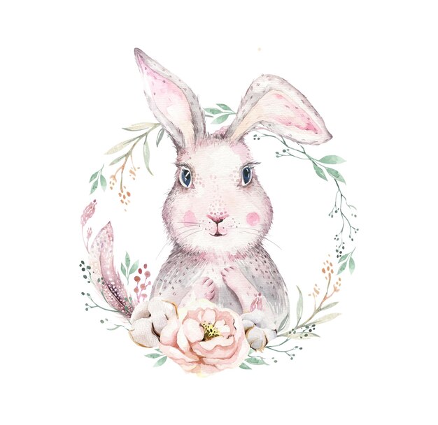 Vector dibujo a mano de pascua acuarela conejo de dibujos animados con flores corona ilustración estilo boho vintage