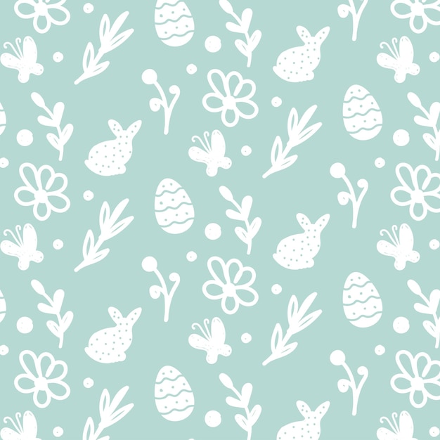 dibujo a mano patrón sin costuras de Pascua con conejitos flores huevos de Pascua hermoso fondo grande
