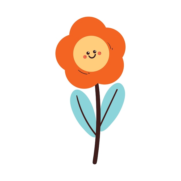 dibujo a mano de un personaje de flor de dibujos animados con cara sonriente y hojas azules