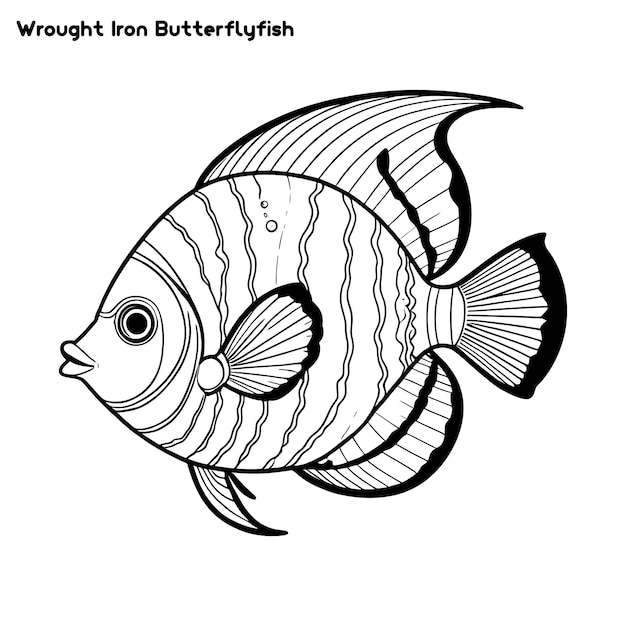 Dibujo a mano de pez mariposa de hierro forjado página de colorear y diseño vectorial de clipart de contorno