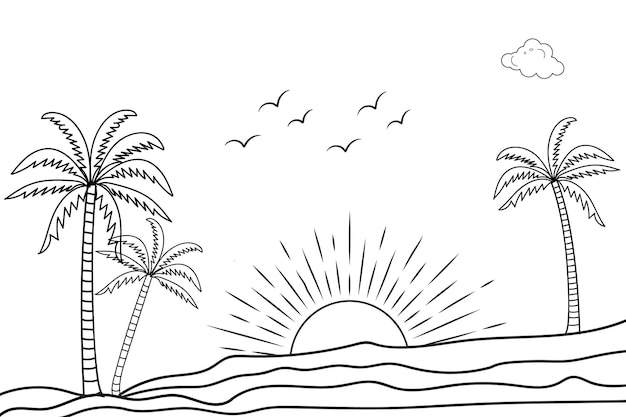 dibujo a mano puesta de sol de verano línea de playa tropical ilustración vectorial de arte para niños dibujo colorear playa