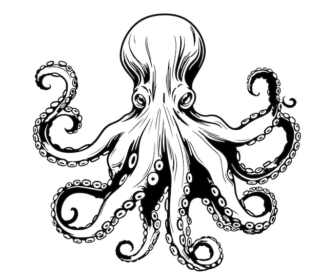 Dibujo a mano de pulpo Ilustración de grabado vintage sobre fondo blanco
