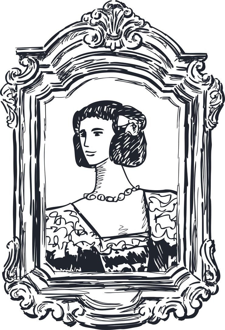Dibujo a mano de retrato dama noble en marco adornado en estilo vintage