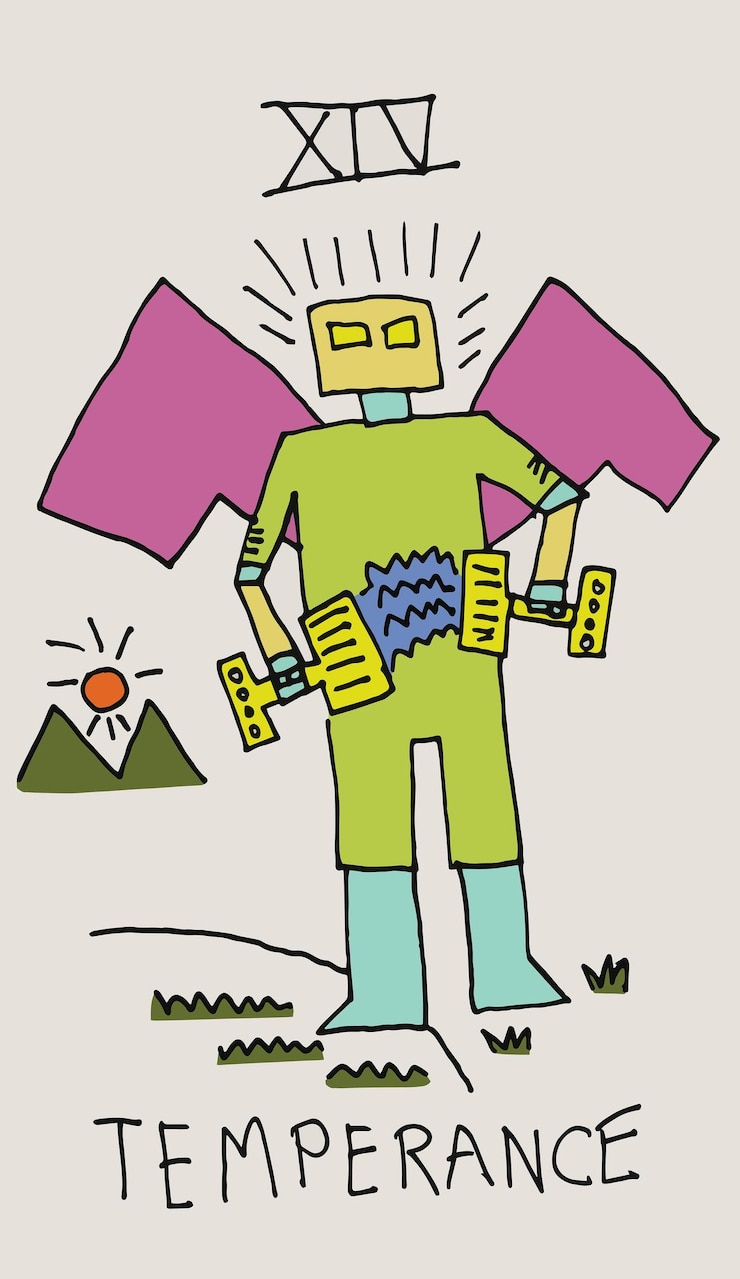 Vector dibujo de la mano del robot de la historieta del doodle de la lectura de la tarjeta del tarot de la templanza