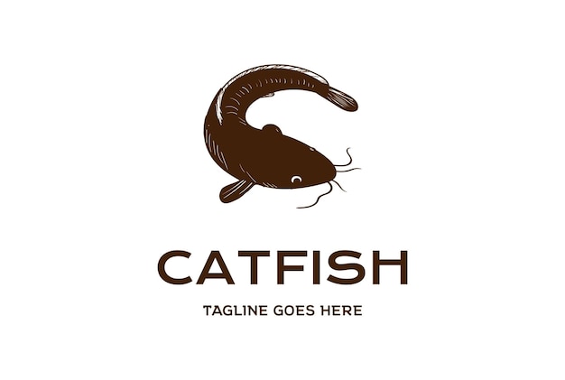Dibujo de mano de silueta de pez gato retro vintage para pesca o diseño de logotipo de producto