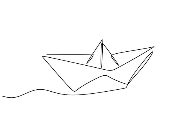 Un dibujo a mano de una sola línea continua de un barco de papel aislado en fondo blanco