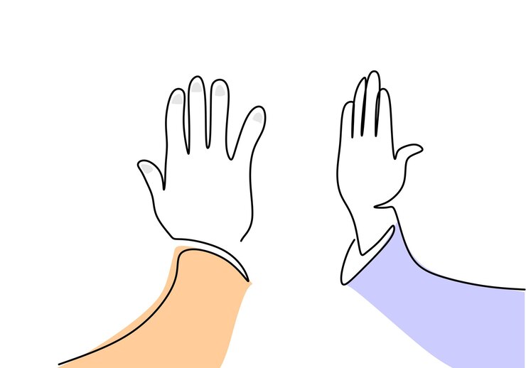 Un dibujo a mano de una sola línea continua de cinco manos aisladas en fondo blanco