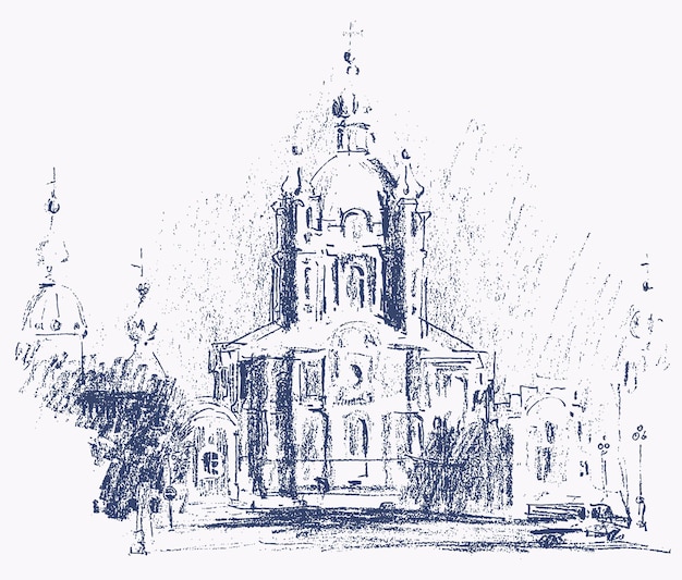Dibujo a mano con textura de la antigua catedral en estilo barroco