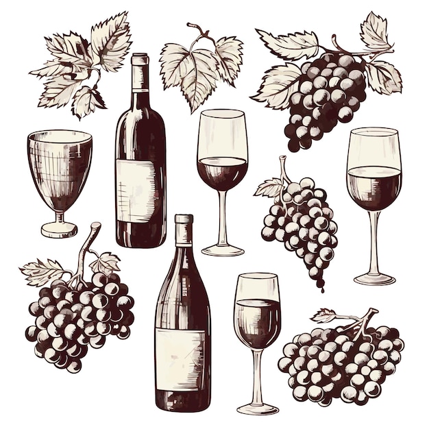 Dibujo a mano de vid y uvas vectoriales en icono blanco eps10 Hojas de vino vectoriales y racimo de uvas icono de ilustración decorativa retro eps10