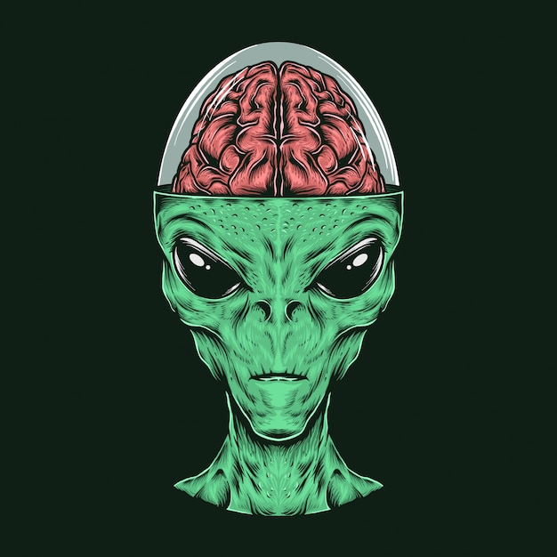 Dibujo a mano vintage alien cabeza con cerebro ilustración vectorial |  Vector Premium