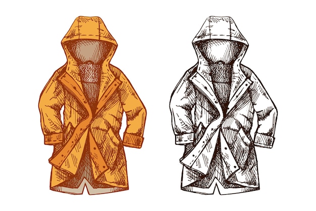 dibujo a mano vintage de color y negro boceto de chaqueta de impermeable con capucha ilustración vectorial aislada