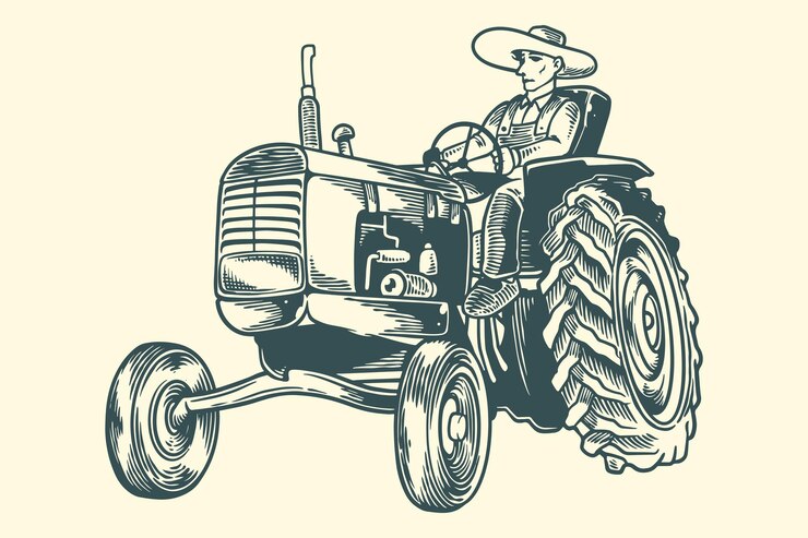Dibujo a mano vintage tractor antiguo con granjero en estilo escandinavo