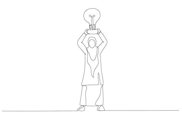 Dibujo de las manos de una mujer de negocios musulmana toman una copa de trofeo que parece una bombilla en un pedestal Arte de una sola línea continua
