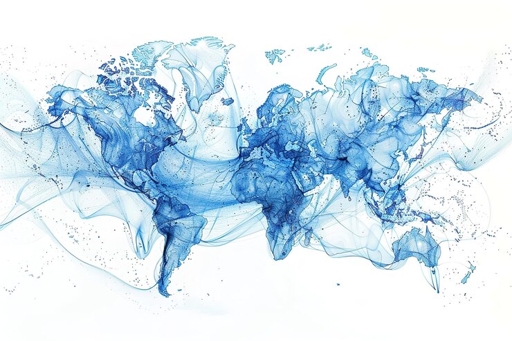 Vector dibujo del mapa del mundo azul en el estilo de trabajo de línea simplificada colaboraciones y colectivos creativos