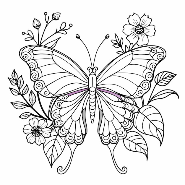 Vector un dibujo de mariposa con mariposas y flores en él