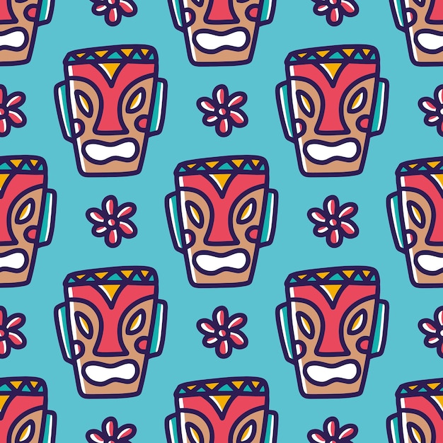 Dibujo de máscara tiki hawaiana dibujada a mano con iconos y elementos de diseño