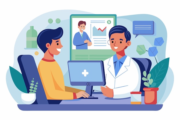 Un dibujo de un médico con una bata blanca teniendo una consulta virtual con un paciente El médico se sienta frente a una computadora el paciente en el otro lado