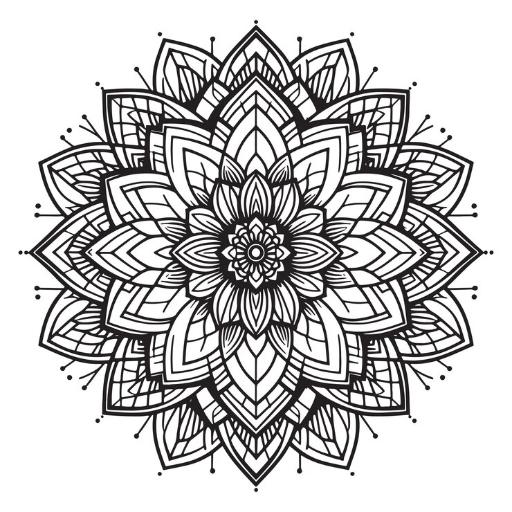Un dibujo minimalista en blanco y negro de una silueta vectorial de mandala