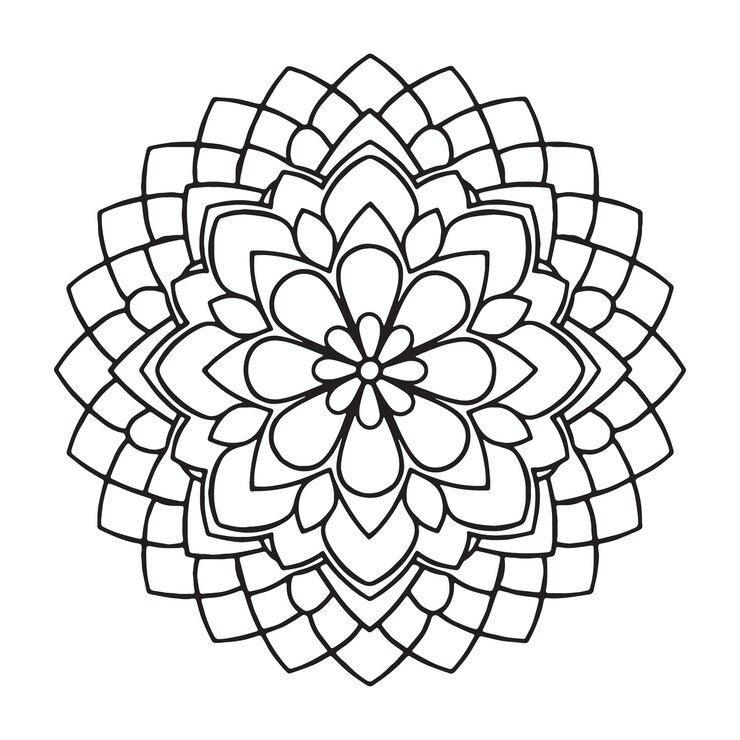 Un dibujo minimalista en blanco y negro de una silueta vectorial de mandala
