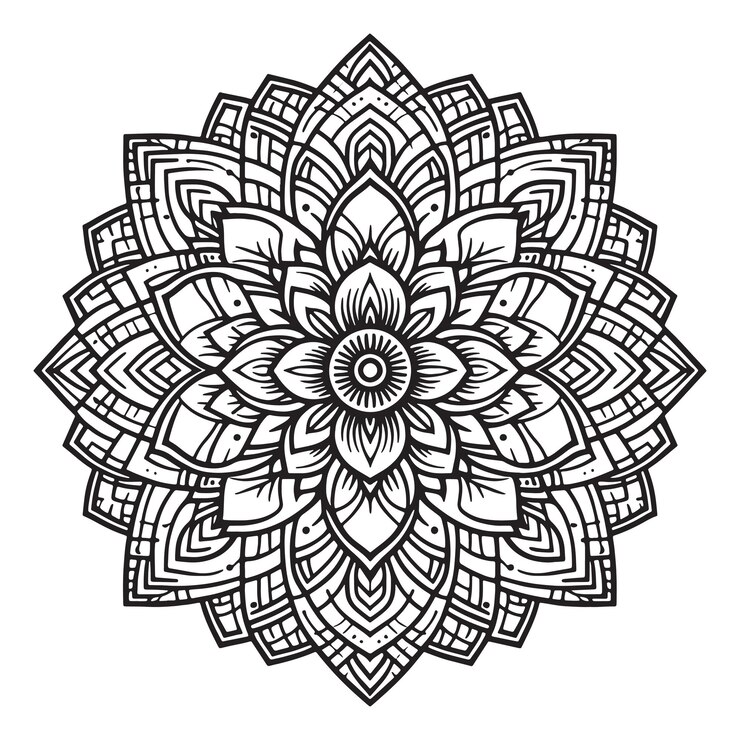 Un dibujo minimalista en blanco y negro de una silueta vectorial de mandala