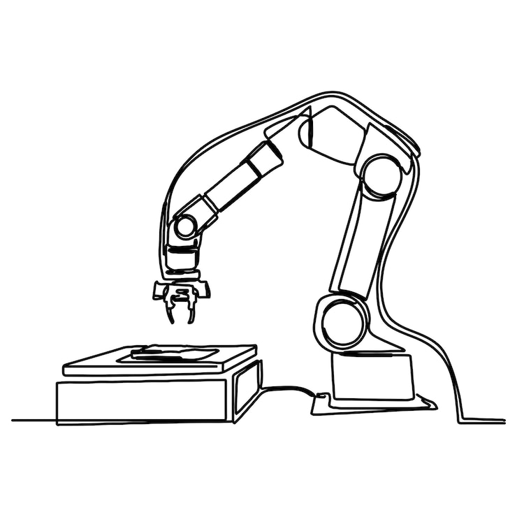 Vector un dibujo minimalista de un brazo robótico aislado sobre un fondo blanco y dibujado con una sola línea continua