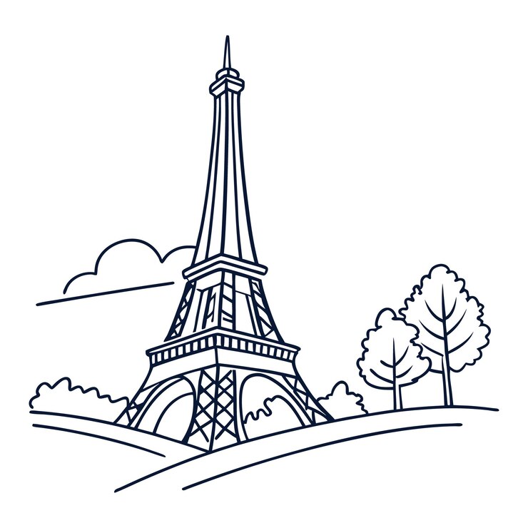 Vector dibujo minimalista de la línea del horizonte de parís con puntos de referencia icónicos torre eiffel