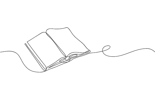 Dibujo minimalista en una línea de un libro abierto sobre un fondo blanco