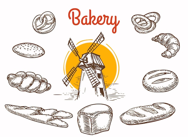 un dibujo de un molino de viento con la palabra panadería en él