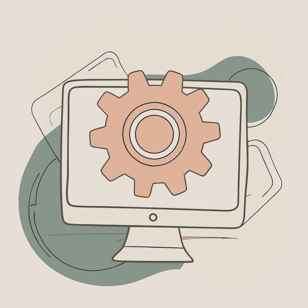 un dibujo de un monitor de computadora con un engranaje en él
