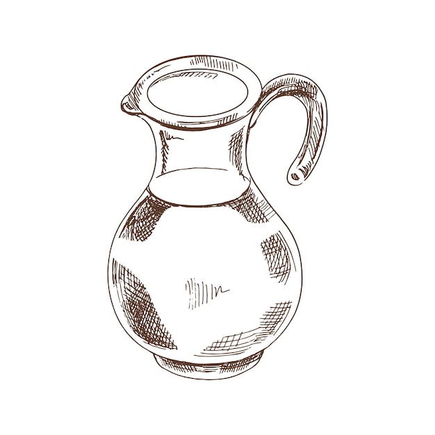 Dibujo monocromático dibujado a mano de jarra, boceto de decantador de leche retro, elemento de utensilios de cocina Ewer utensil