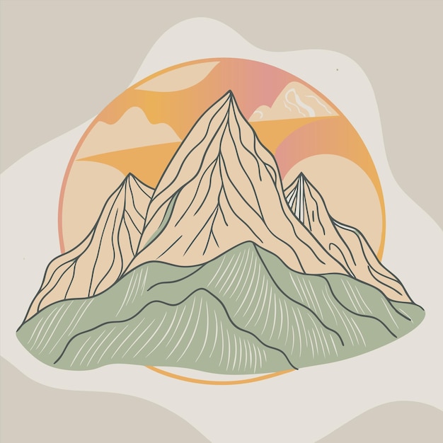 un dibujo de una montaña con una puesta de sol en el fondo