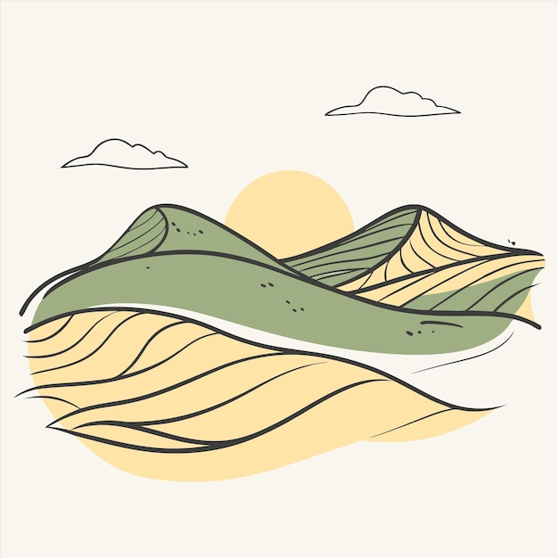 un dibujo de una montaña con el sol detrás de ella