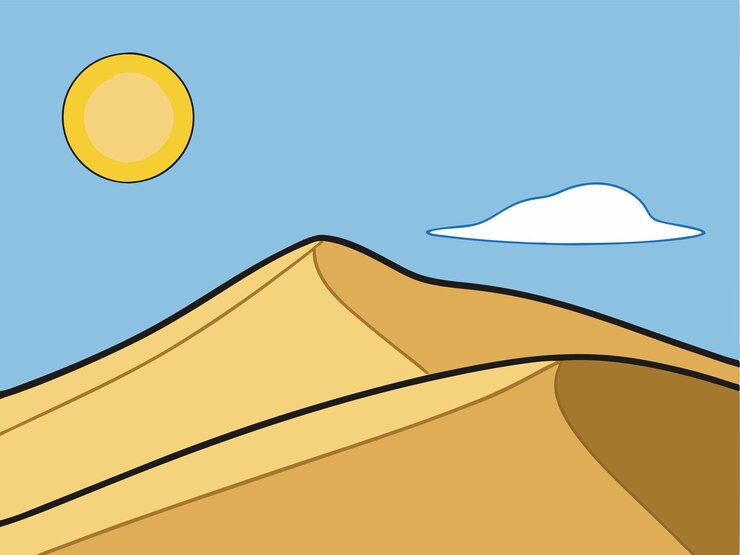 Vector un dibujo de una montaña con el sol y las nubes en el fondo