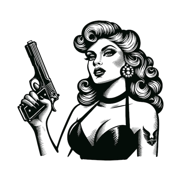 un dibujo de una mujer con un arma en la mano