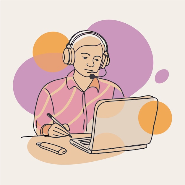 un dibujo de una mujer con auriculares y una computadora portátil