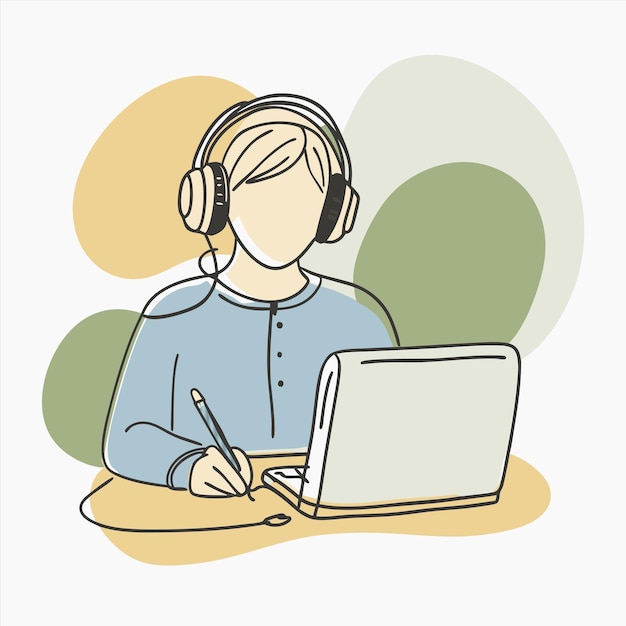 un dibujo de una mujer con auriculares y una computadora portátil