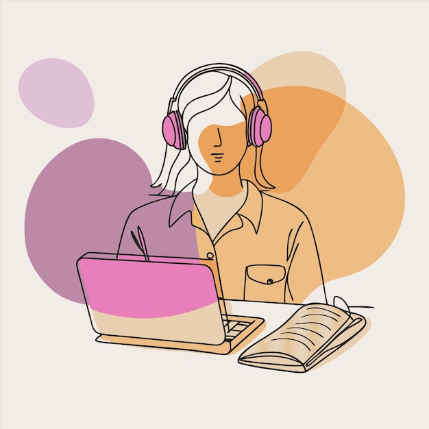 un dibujo de una mujer con auriculares y una computadora portátil