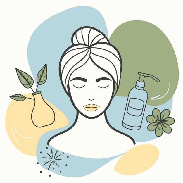 un dibujo de una mujer con una botella de perfume y flores