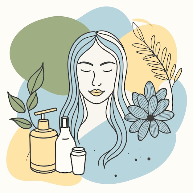 un dibujo de una mujer con cabello largo y flores en la cara
