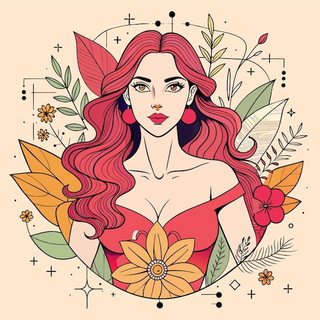 Vector un dibujo de una mujer con cabello rojo y flores