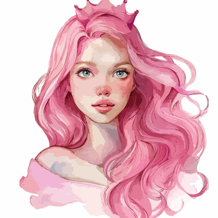 un dibujo de una mujer con cabello rosa y cabello rosa