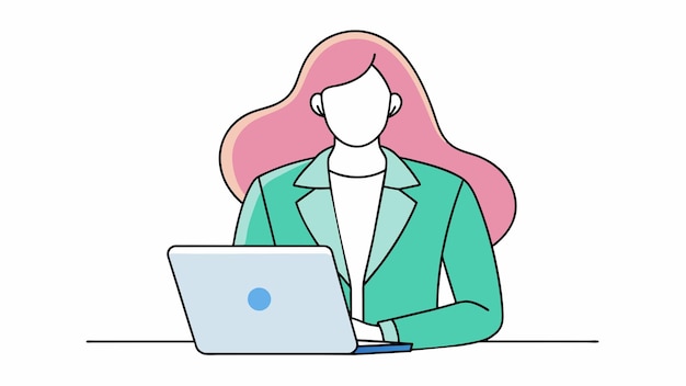 un dibujo de una mujer con cabello rosa y una camisa verde en la parte delantera de su computadora