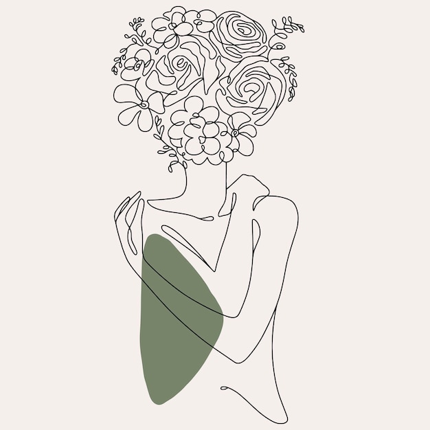 un dibujo de una mujer con una cabeza florida y un vestido verde