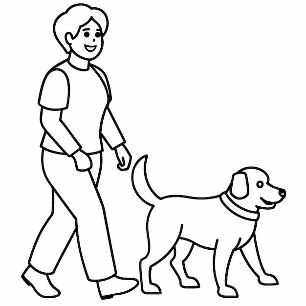 un dibujo de una mujer caminando con un perro y un perro